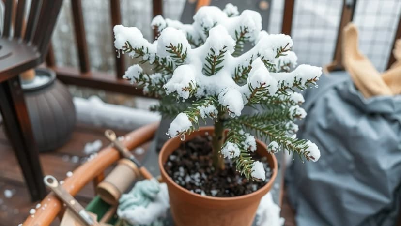 Gran i kruka utomhus vinter